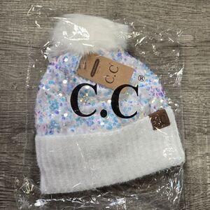 C.C Kids White Iridescent Sequin Pom Hat